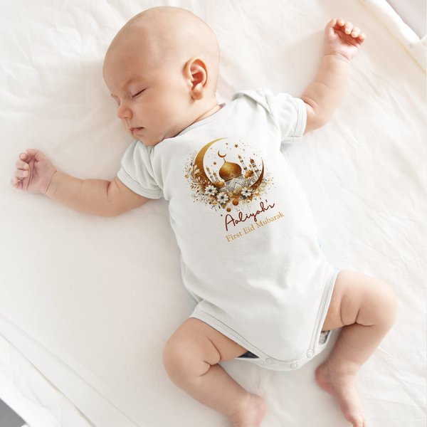 My First Eid Mubarak - Personalised 100% Cotton Soft Baby Bodysuit Romper Bib Set with Name Gift for Newborns Babies
