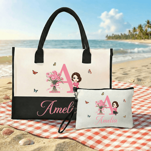 Personalisierte Geburt Blumen Cartoon Character Large Tote Bag Portable Makeup Tasche mit Namen täglichen Gebrauch Muttertag Geschenke für Mütter Freunde