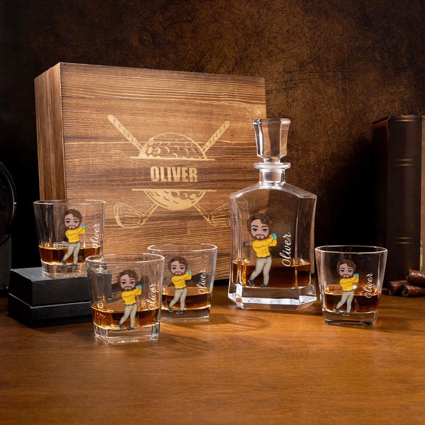 Personalized Golf Cartoon Character Whiskey Decanter Glasses with Engraved Name Father's Day Birthday Gift for Golf Players Whiskey Lovers