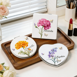 Personalised Birth Flower Butterfly Compact PU Leather Heart Round Square Makeup Mirror with Name Birthday Wedding Party Gift for Women