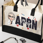 Personlig tegneserie lege sykepleier karakter stor lerret tote bag med navn bursdag sykepleier eksamen takknemlighet gave til sykepleier lege