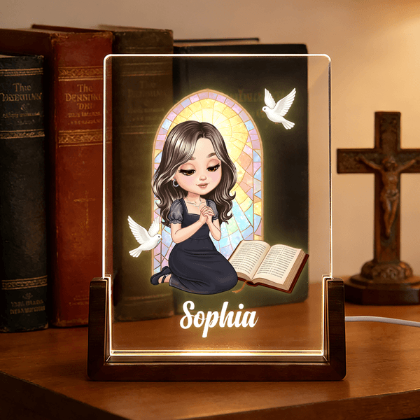 Personalized Cross Bible Book Cartoon Prayer Character Acrylic LED Night Light with Wooden Base Baptism Confirmation Birthday Gift for Christian Woman