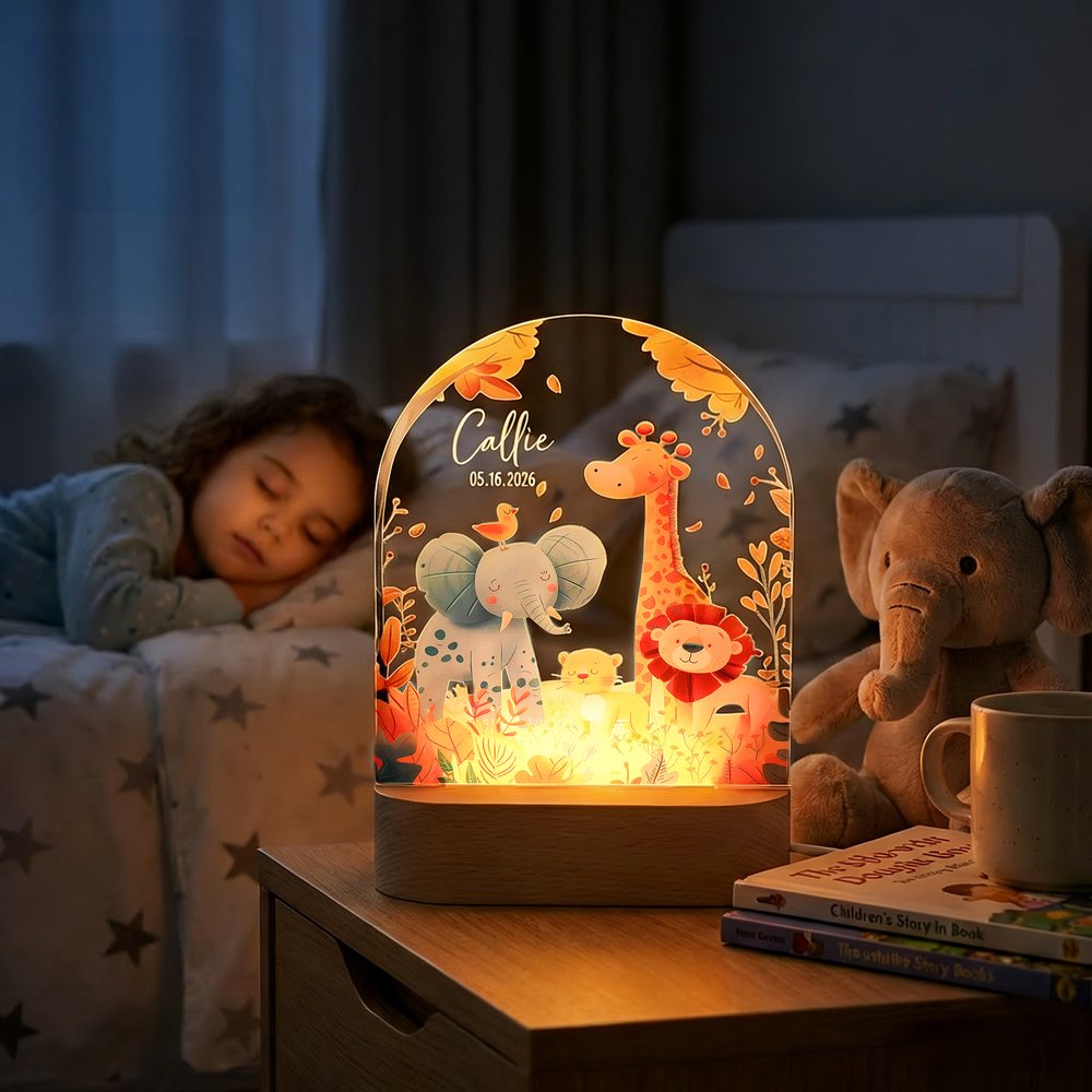 Personalizado lindo animales de dibujos animados de acrílico LED luz de la noche con el nombre de la fecha y la base de madera Guardería decoración del hogar regalo de cumpleaños para los niños 1
