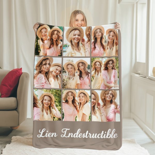 Couverture douce personnalisée avec collage de 6 à 9 photos et texte - Cadeau anniversaire rencontre pour ami famille couple
