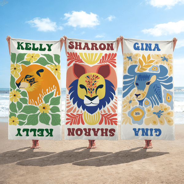 Serviette de plage à séchage rapide personnalisée avec motif d'animal floral abstrait et nom - Cadeau d'anniversaire pour la famille et les amis