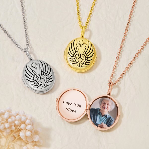 Personalised Star Angel Wings Photo Necklace with Engraved Text Dainty Jewellery Valentine's Day Birthday Anniversary Gift for Women