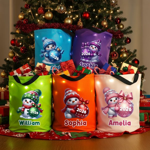 Personalised Cute Cartoon Snowman LED Light Bucket Bag with Name and Year Holiday Storage Decor Christmas Gift for Kids