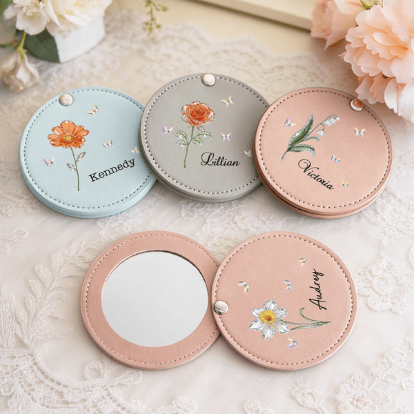 Personalized Crystal Birth Flower Butterfly Portable PU Leather Makeup Mirror with Name Wedding Birthday Anniversary Gift for Women Besties Brides