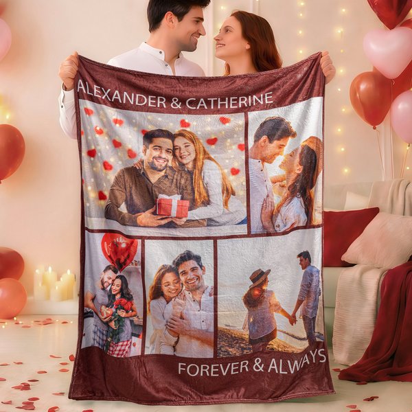 Personalised 5 Photos Collage Soft Blanket with Lover Name Home Decor Anniversary Valentine's Day Gift for Couple