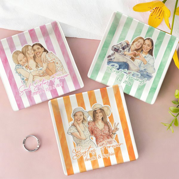 Gepersonaliseerde aquarel stijl Besties foto gestreepte keramische sieraden schotel met titel en tekst dagelijks gebruik verjaardagscadeau voor vrienden vrouwen