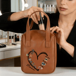 Personalised Heart Shaped Birth Flower PU Leather Makeup Bag with 1-6 Names Daily Use Birthday Gift for Friends Besties