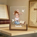 Personalized Cross Bible Book Cartoon Prayer Character Acrylic LED Night Light with Wooden Base Baptism Confirmation Birthday Gift for Christian Woman