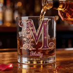 Personalized Vintage Rose Floral 10 oz Old Fashioned Rock Whiskey Glass with Initial and Name Anniversary Birthday Gift for Bartenders Whiskey Lovers