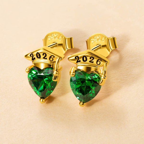 Personalised Graduation Cap Heart Birthstone Stud Earrings with Engraved Year and Earrings Display Card Graduation Birthday Gift for Women