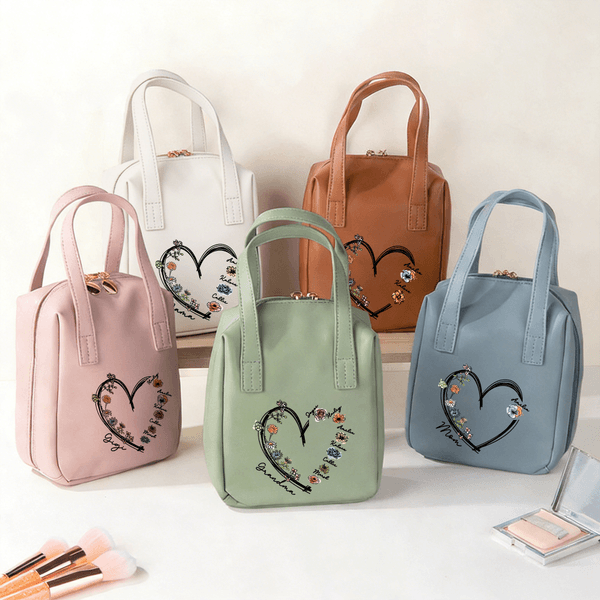 Sac de maquillage en cuir PU personnalisé avec 1 à 6 noms et fleurs de naissance - Cadeau de la fête des Mères pour maman et grand-mère