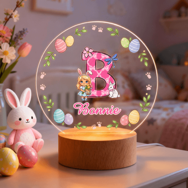 Personalized Cartoon Character Rabbit Seven Colours Initial LED Night Light with Name and Wooden Base Room Decor Easter Party Favor Gift for Kids