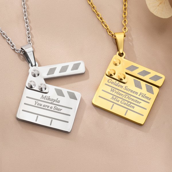 Personalised Film Clapperboard Necklace with Text Dainty Jewellery Birthday Anniversary Gift for Movie Lover Actor Actress