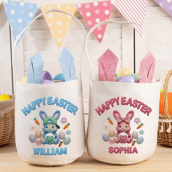 Gepersonaliseerd garen gehaakt Effect schattig konijn naam linnen emmer mand met Bunny oren paaseieren jagen Pasen partij Gunsten Gift voor kinderen