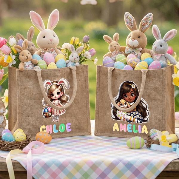 Personalised Cute Cartoon Bunny Girl Large Capacity Jute Bag with Name Daily Use Happy Easter Gift for Girls