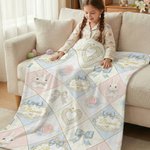 Personalized Bow Flower Cute Easter Bunny Soft Throw Blanket with Name Home Decor Easter Birthday Gift for Girls Kids