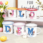 Personalised Cartoon Rabbit Ears Kid Character 12 oz Enamel Mug with Initial and Name Daily Use Easter Party Gift for Boys Girls