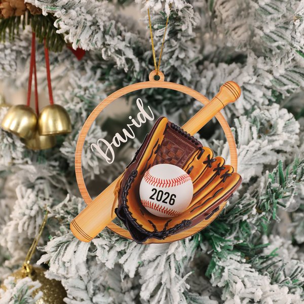 Personalized Baseball Gloves Bat Round Wooden Hanging Ornament with Name and Year Home Decor Christmas Gift for Teen Athletes Coaches Baseball Fans