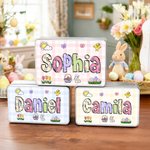 Personalized Rabbit Flowers Easter Eggs Food Grade Metal Biscuit Box with Name Daily Use Easter Gift for Boys Girls Kids