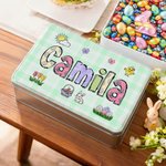 Personalized Rabbit Flowers Easter Eggs Food Grade Metal Biscuit Box with Name Daily Use Easter Gift for Boys Girls Kids