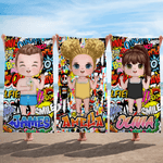 Personalized Graffiti Style Cartoon Character Soft Quick Dry Oversized Beach Towel with Name Travel Vacation Essential Birthday Gift for Kids Adults
