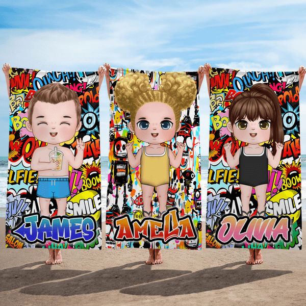 Personalized Graffiti Style Cartoon Character Soft Quick Dry Oversized Beach Towel with Name Travel Vacation Essential Birthday Gift for Kids Adults
