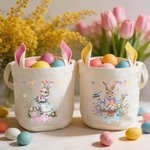 Personalized Watercolour Bunny Easter Basket with Name and Bunny Ears Egg Hunting Accessory Easter Gift for Kids