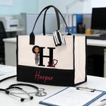 Personalisierte Cartoon-Charakter Stethoskop große Kapazität Canvas Tote Tasche mit Namen Geburtstag Anerkennung Geschenk für Krankenschwester Arzt