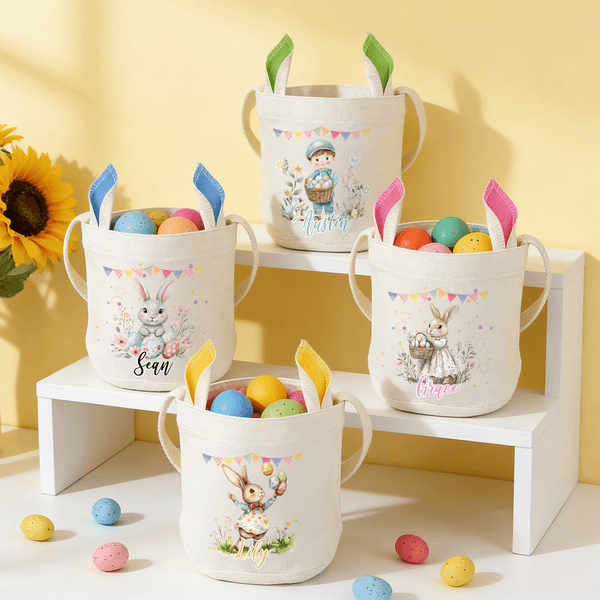 Personalized Watercolour Bunny Easter Basket with Name and Bunny Ears Egg Hunting Accessory Easter Gift for Kids