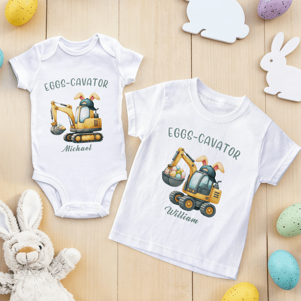 Personalised Cute Excavator Bunny Ear Initial 100% Cotton Bodysuit Kid T-shirt with Name Daily Wear Easter Gift for Babies Children