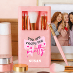 Personalisierte Herz Bogen Rose 5 Pcs Make-up Pinsel Box Set mit Namen und Spiegel Geburtstag Valentinstag Geschenk für Freunde Mädchen