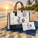 Personalised Birth Flowers Cartoon Character Large Tote Bag Portable Makeup Bag with Names Daily Use Mother's Day Gifts for Mothers Friends