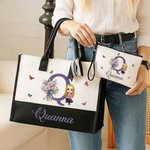Personalised Birth Flowers Cartoon Character Large Tote Bag Portable Makeup Bag with Names Daily Use Mother's Day Gifts for Mothers Friends