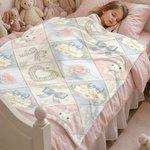 Personalized Bow Flower Cute Easter Bunny Soft Throw Blanket with Name Home Decor Easter Birthday Gift for Girls Kids