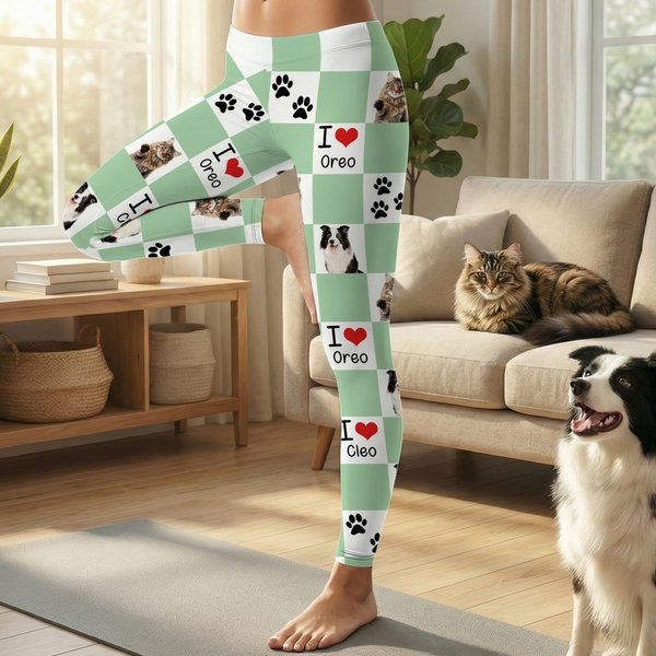 Personalised 1-4 Pet Photos Paw Print Checkerboard Stretch Leggings Yoga Pants with Names Daily Sports Accessories Birthday Gift for Pet Lovers Owners
