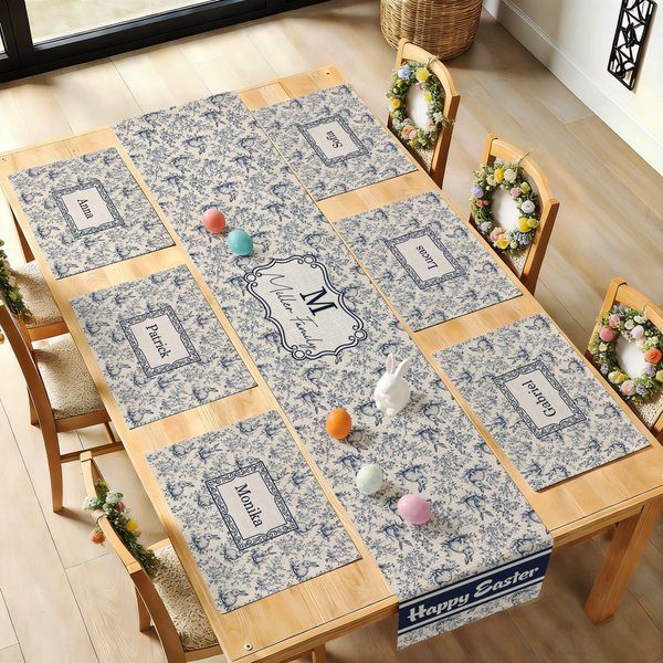 Personlig Toile De Jouy Style påskhare bordslöpare och matchande placematsuppsättning med namn matbordsdekor påskpresent till familj vänner