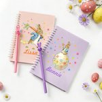 Personalized Cute Easter Peter Rabbit A5 Spiral Lined Notebook and Pen Set with Name Happy Easter Birthday Gift for Boys Girls