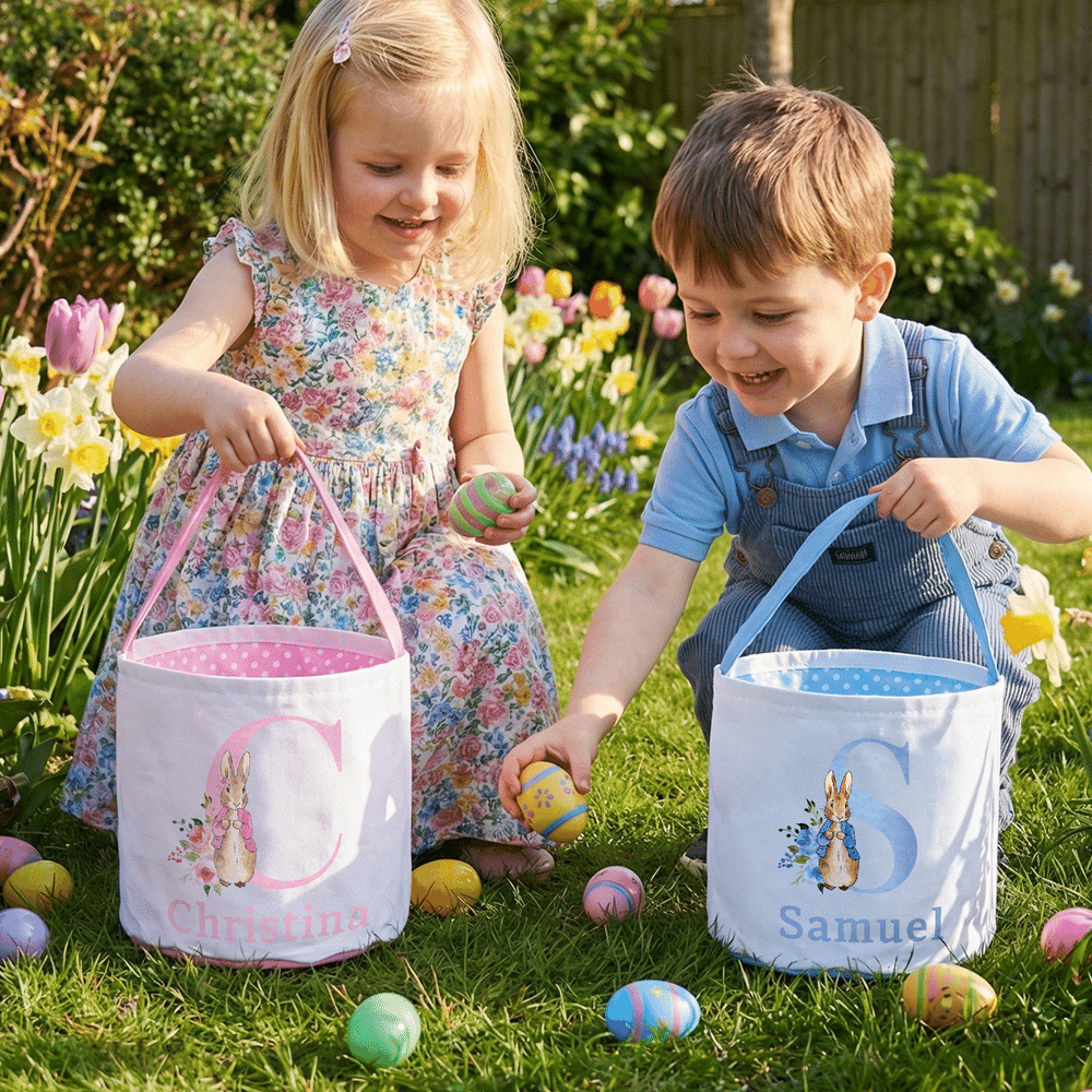 Gepersonaliseerde schattige Peter Konijn initiaal paasmand met naam paaseieren jacht paasfeest geschenk voor kinderen 4