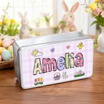 Personalized Rabbit Flowers Easter Eggs Food Grade Metal Biscuit Box with Name Daily Use Easter Gift for Boys Girls Kids