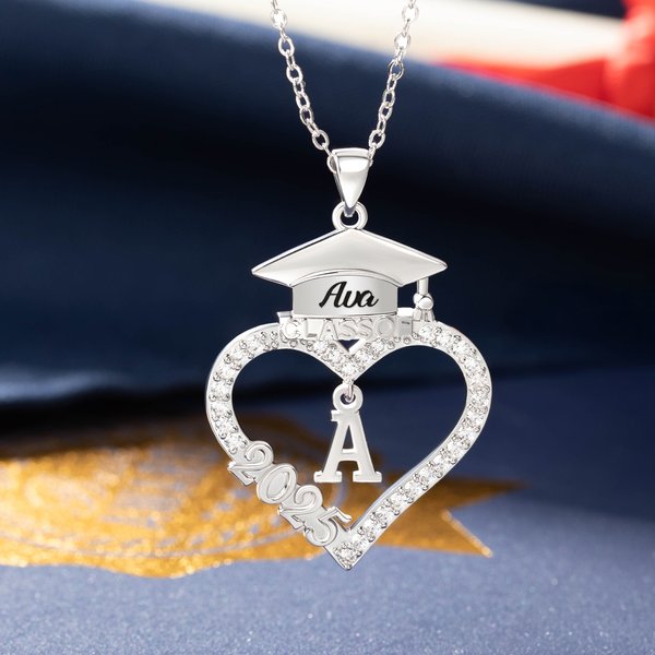 Personalised Graduation Cap Heart Pendant Necklace with Name Initial and Year Dainty Jewellery Graduation Gift for Graduates Class of 2025 2026