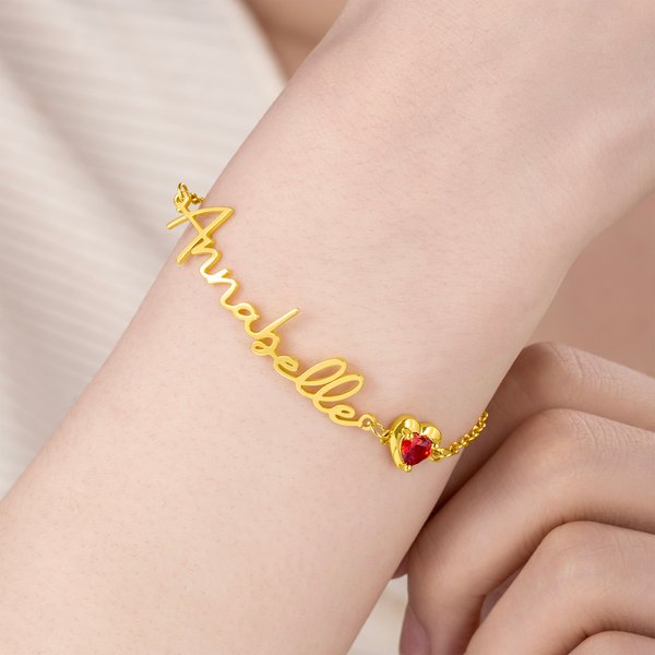 Personalised Heart Birthstone Bracelet with Name Dainty Jewellery Valentine's Day Mother's Day Birthday Gift for Couples  Moms