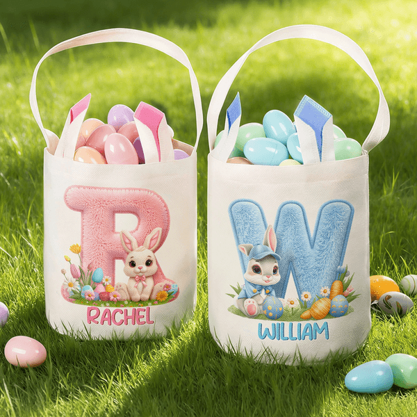 Personalised Cute Bunny Ears Rabbit Easter Basket with Name and Initial Eggs Hunting Party Favor Easter Gift for Boys Girls