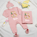 Personalised Initial Floral Design Name 100% Cotton Baby Romper Hat Blanket Outfit with Gift Box Baby Shower  Coming Home Gift for Newborn