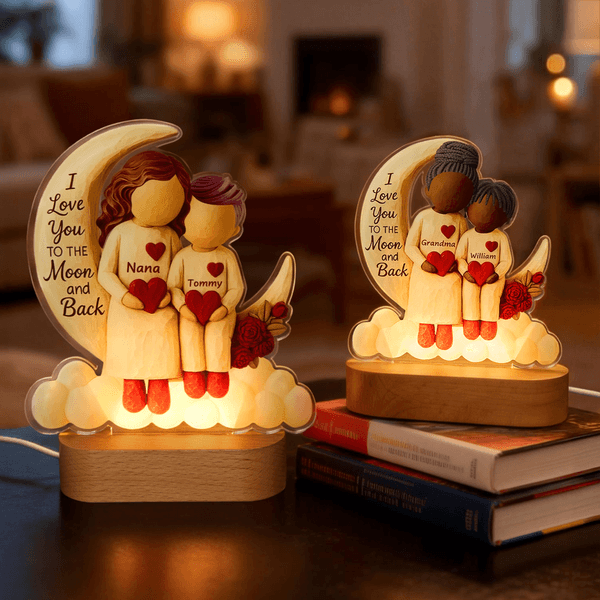 Personalised Cartoon Character Moon Heart Acrylic LED Night Light with Name and Wooden Base Room Decor Birthday Gift for Kid Grandma
