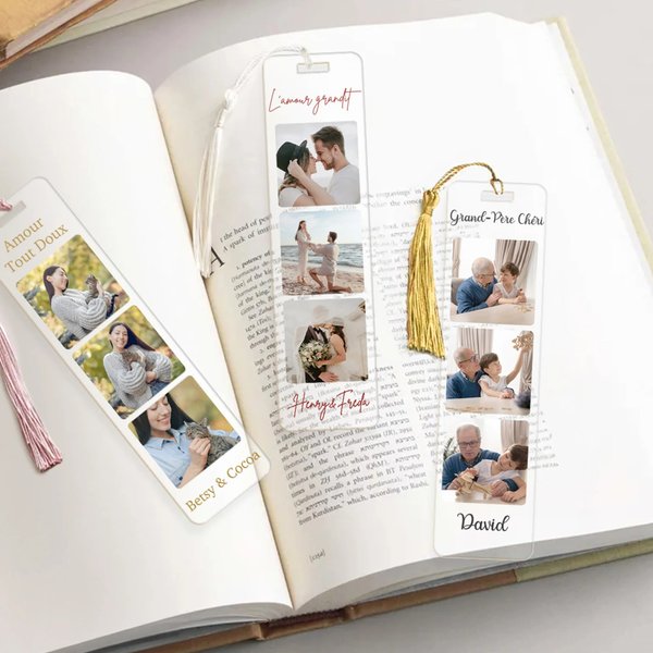 Marque-Page en Acrylique Personnalisé avec 3 Photos Nom et Texte Accessoire de Lecture Cadeau d’Anniversaire pour Ami Famille