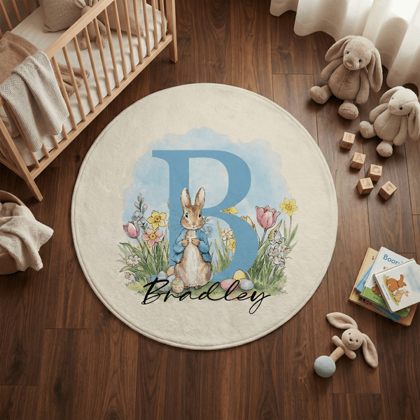 Personalised Cute Peter Rabbit Easter Egg Round Floor Mat with Name and Initial Home Decor Easter Gift for Infants Children